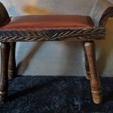 Carved wood and faux leather bench or vintage spanish ottoman footstool