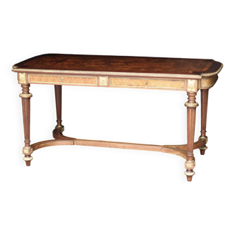 Superb Napoleon III table. Marquetry top and gilded bronzes.