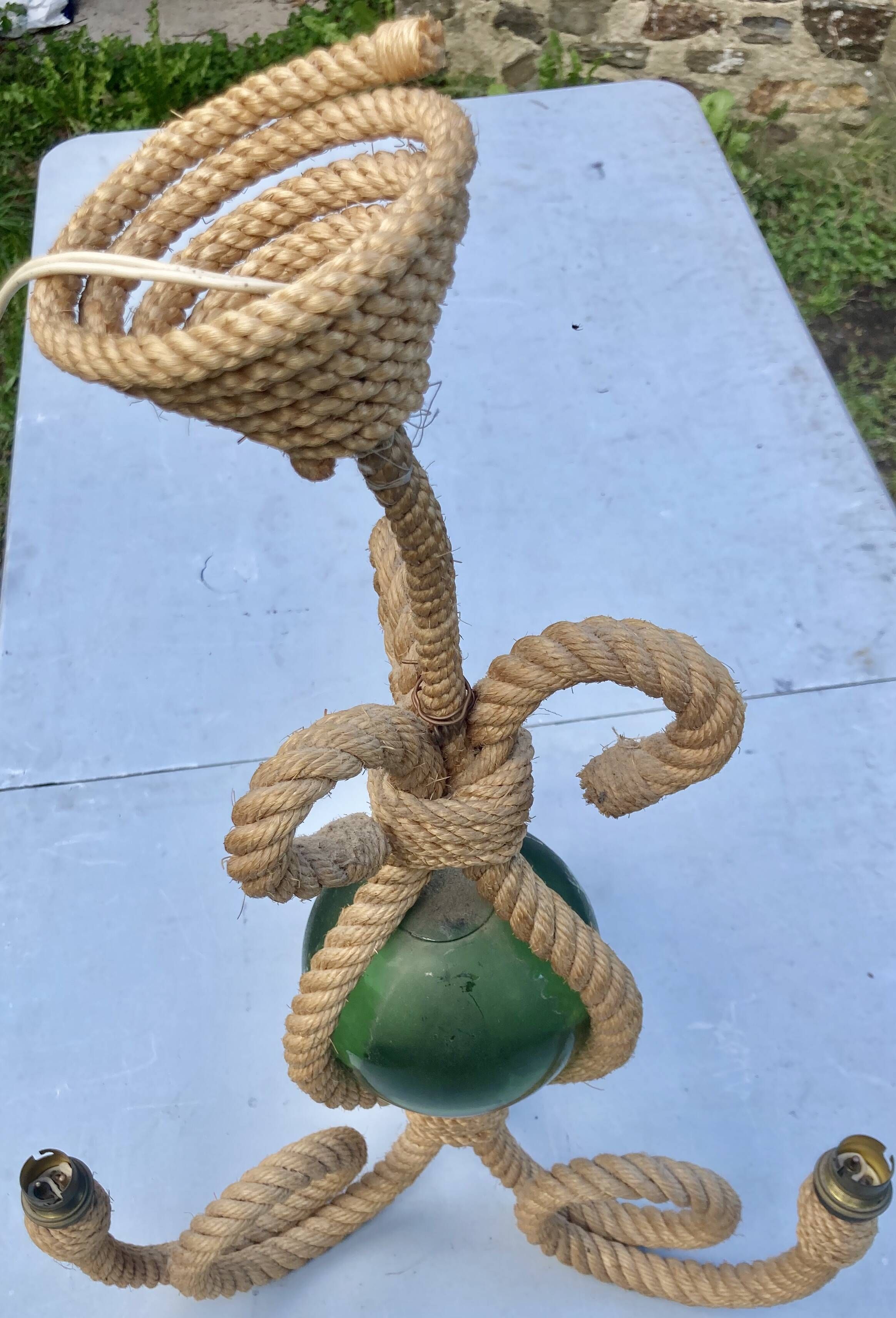 Audoux & Minet - vintage cord chandelier with 3 lights - France circa 1950