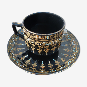Black english ceramic cup and saucer enamelled