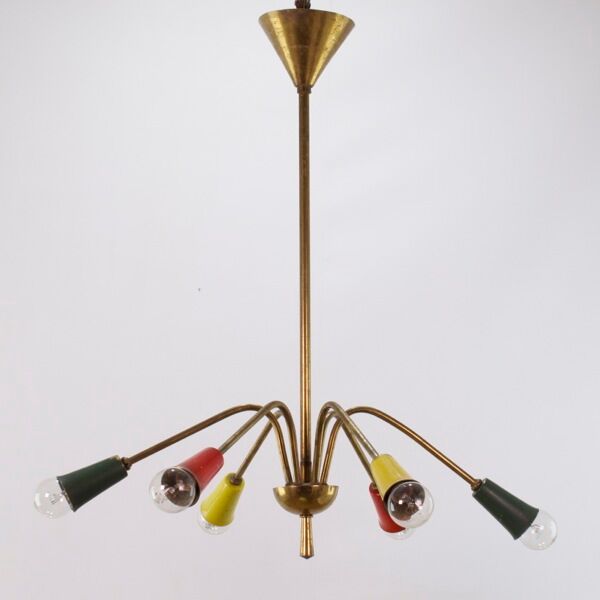 Vintage chandelier 1950, 6 arms, brass and colors, 60cm in diameter