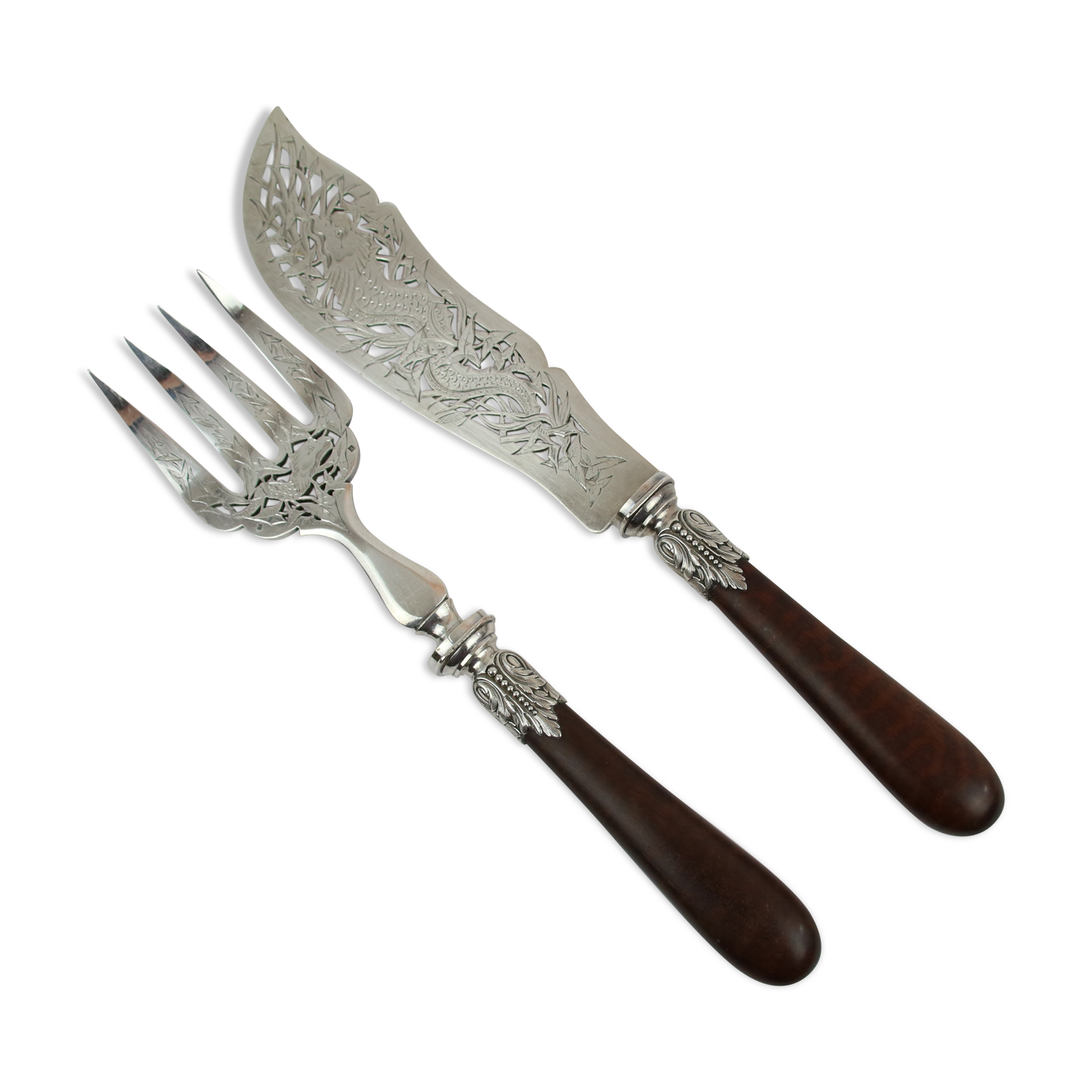 Large Silver Metal and Bois D'Amourette Fish Service Cover