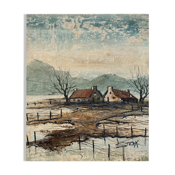 Tableau "Maisons en bord de montagne" HST signé STERK
