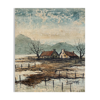 Tableau "Maisons en bord de montagne" HST signé STERK