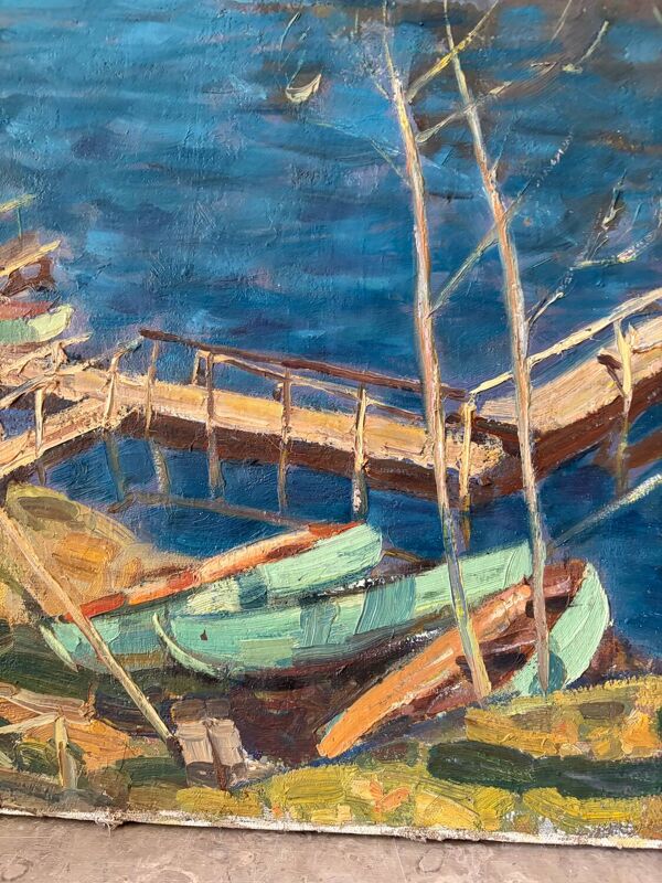 Huile sur toile  ''Bateaux à rames sur le ponton