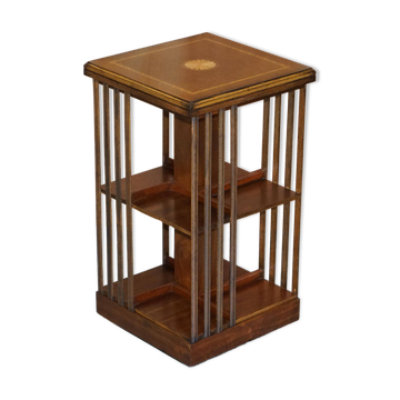 Rotating library table in mahogany and satinwood, Sheraton Revival style.