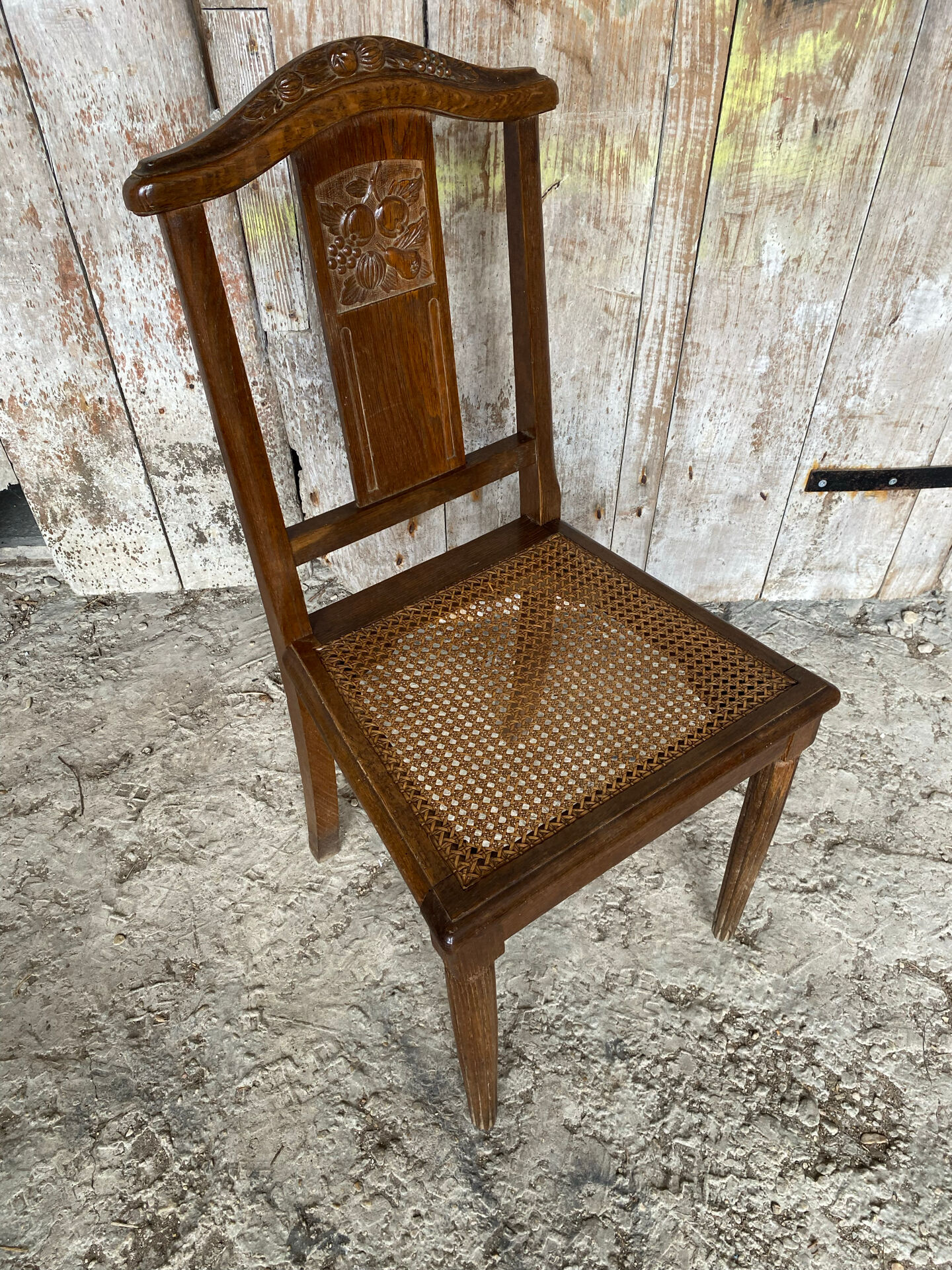 Chaise ancienne art déco bois sculpté & assise cannée vintage #e095
