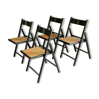 Set of 4 folding chairs in cannage and black wood 60s