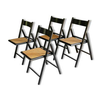 Lot de 4 chaises pliantes en cannage et bois noir années 60