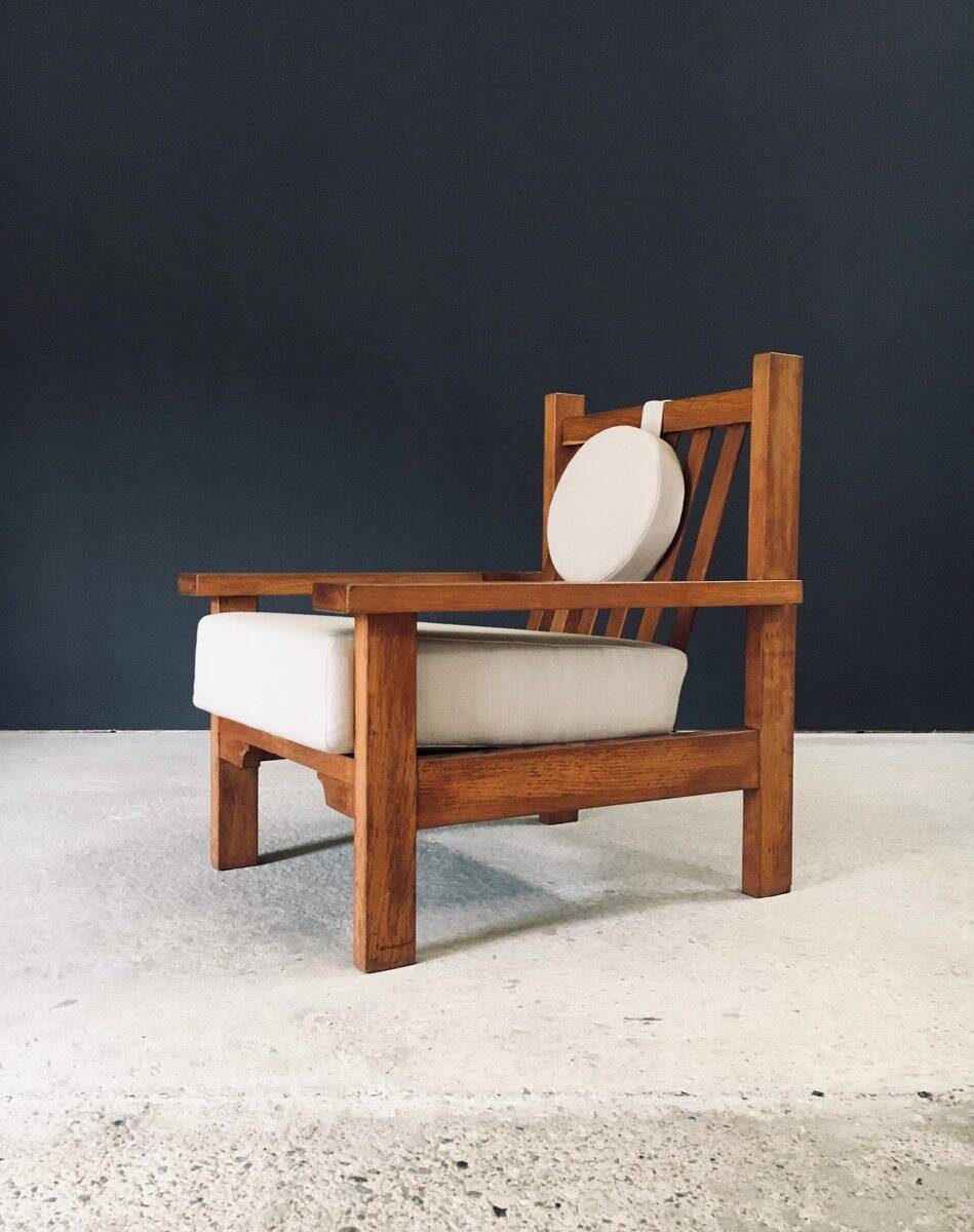Brutalist Square Oak Lounge Chair, Belgium, 1950s