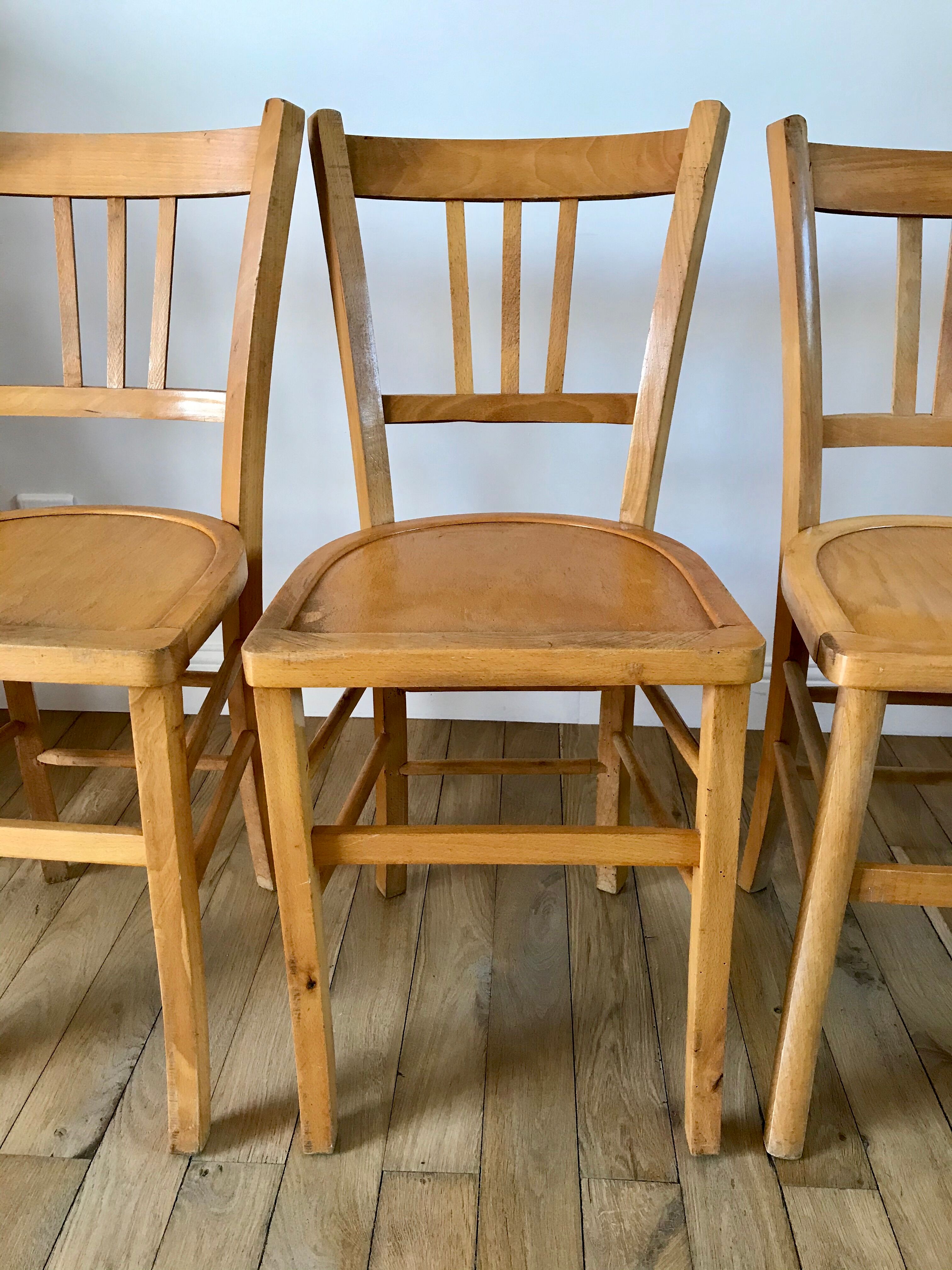 Set of 5 Luterma light blond wood bistro chairs from the 50s