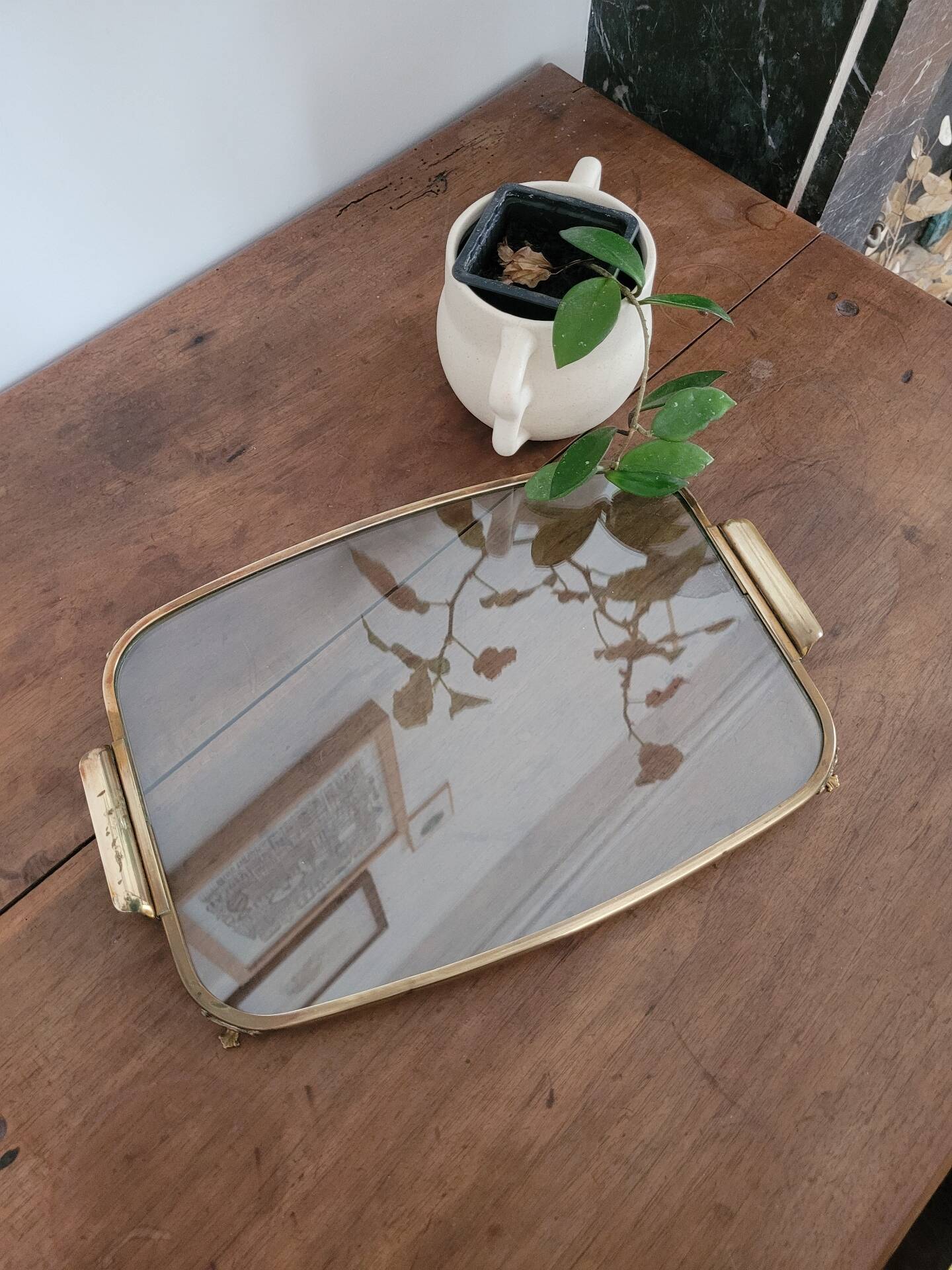 Brass glass plateau from the early 20th century.