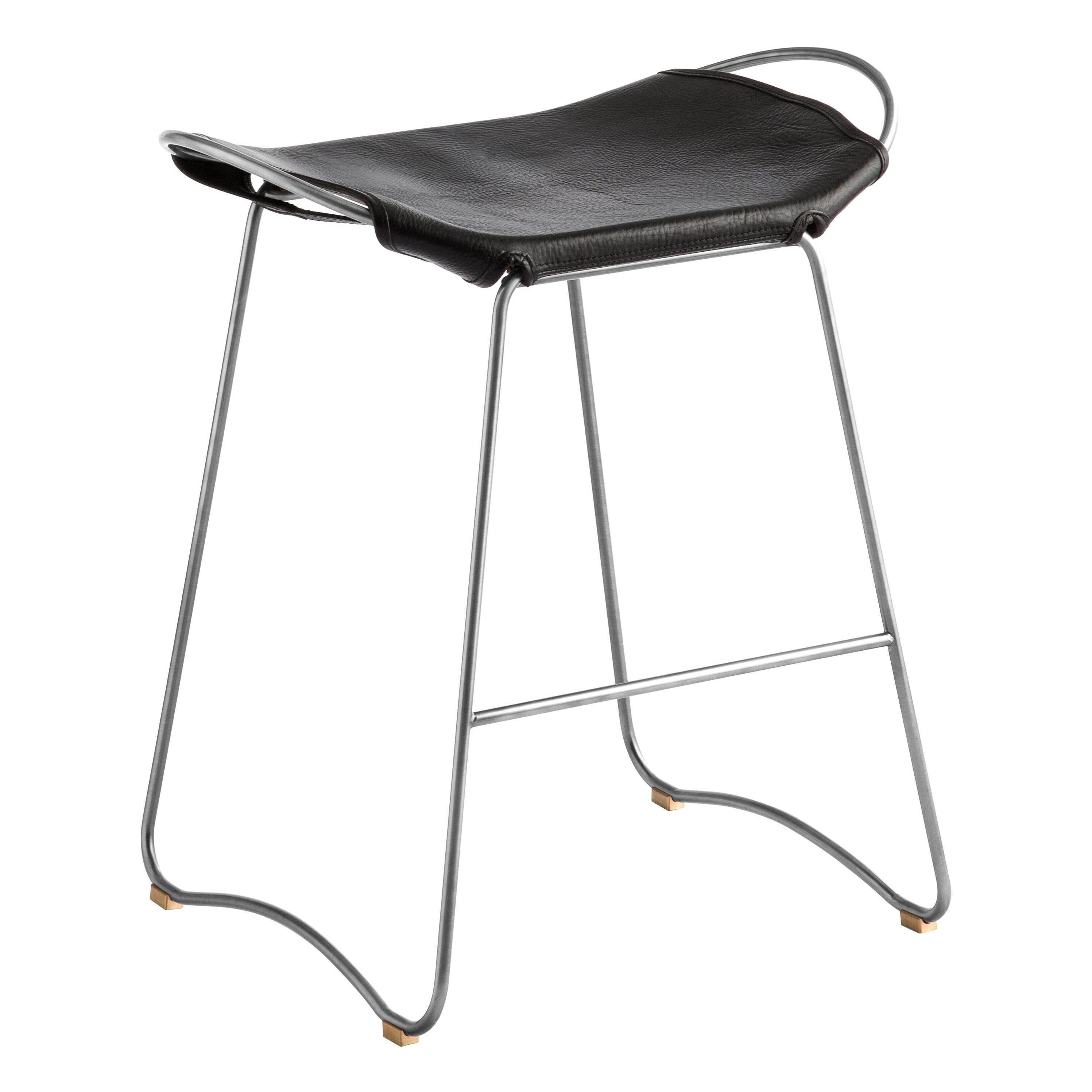 Contemporary organic bar stool Kitchen bar Old silver metal Black leather