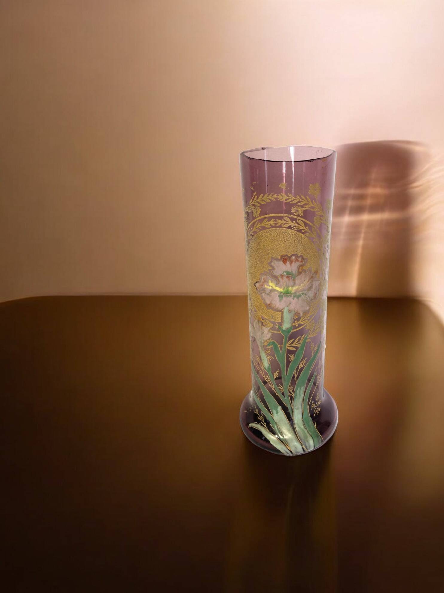 Legras Montjoye, purple enamelled glass vase with carnation circa 1900