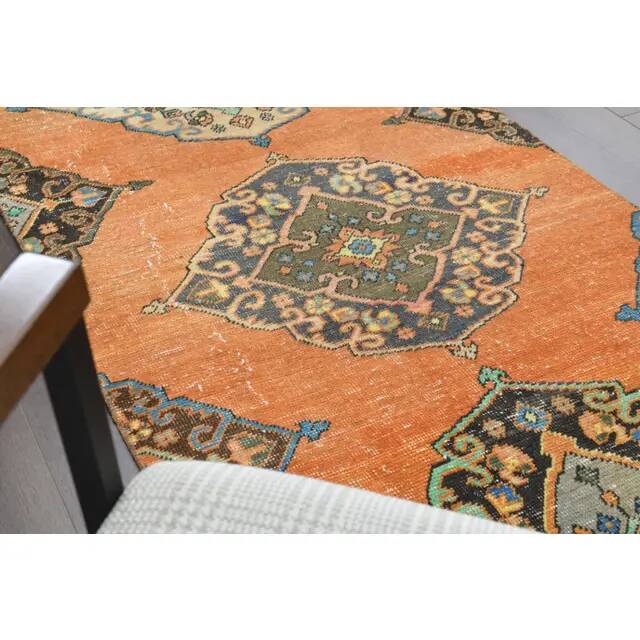 1970s Vintage Turkish Hand-Knotted Wool Cotton Orange Runner Rug 88x337