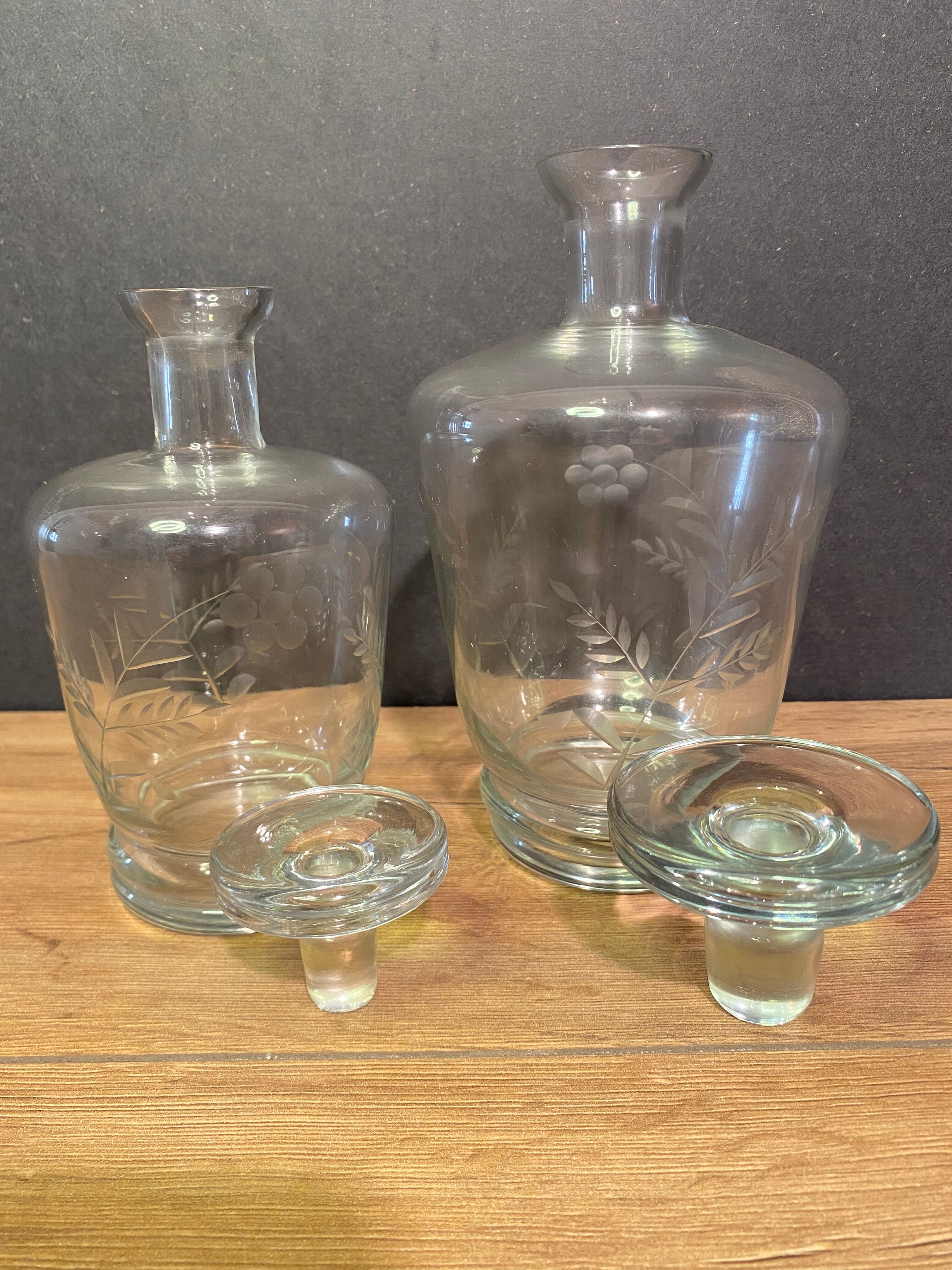 Two carafes in cut glass with vegetal decoration, vintage design