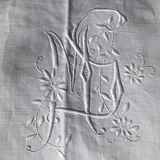 Old embroidered linen sheet MS scalloped edge hand