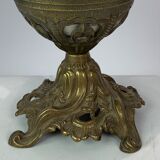 Kerosene lamp of patinated brass with shade of white opaline glass, 1860