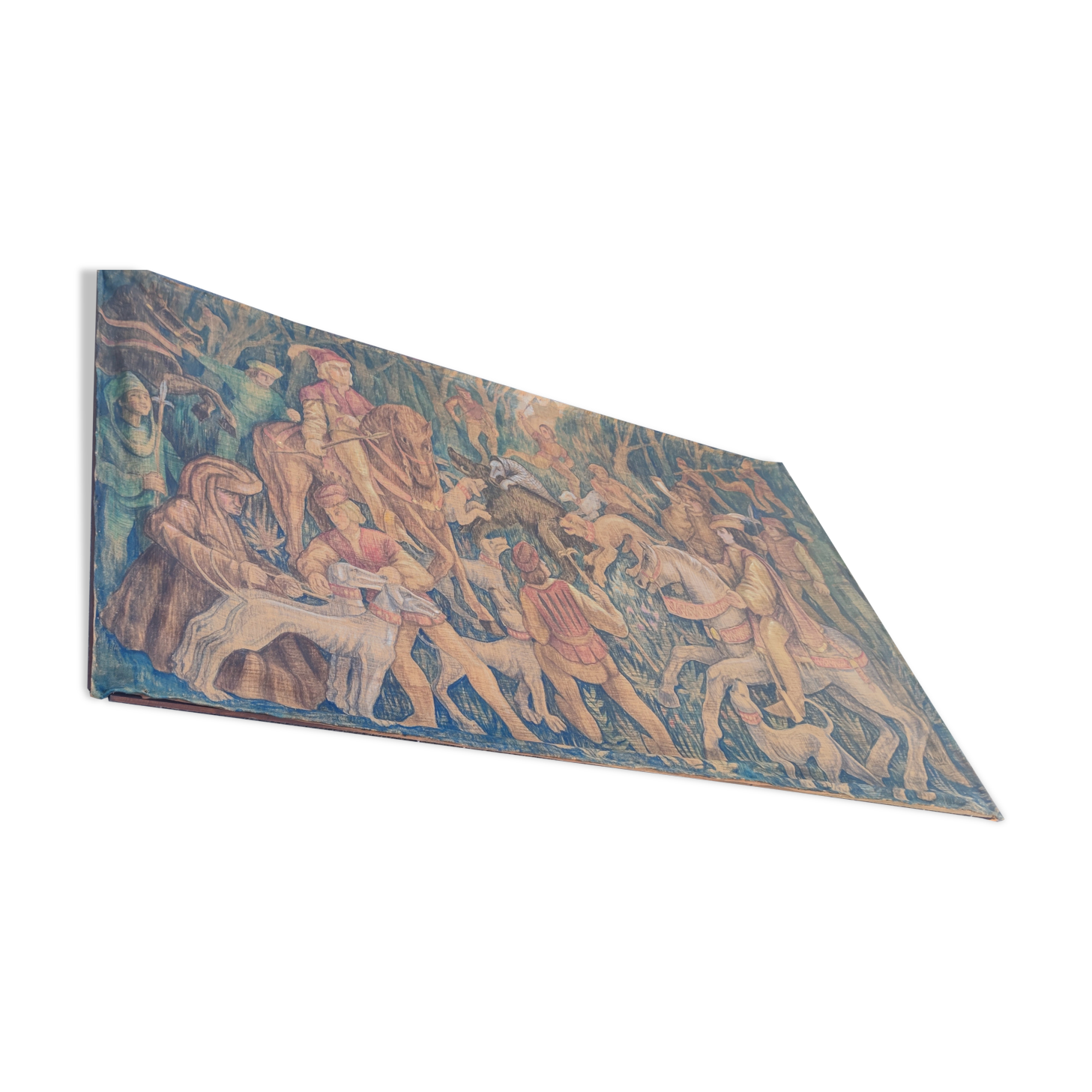 Painted burlap canvas depicting a medieval hunting scene circa 1950 by André Pierre BOURBIOUX, known as "Boul"