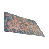 Painted burlap canvas depicting a medieval hunting scene circa 1950 by André Pierre BOURBIOUX, known as "Boul"
