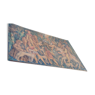 Toile de jute peinte scène de chasse médiéval vers 1950 par André Pierre BOURBIOUX dit "Boul"