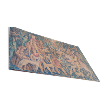 Painted burlap canvas depicting a medieval hunting scene circa 1950 by André Pierre BOURBIOUX, known as "Boul"