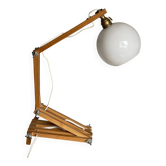 Articulated modernist lamp in pine and opaline, vintage 1980.