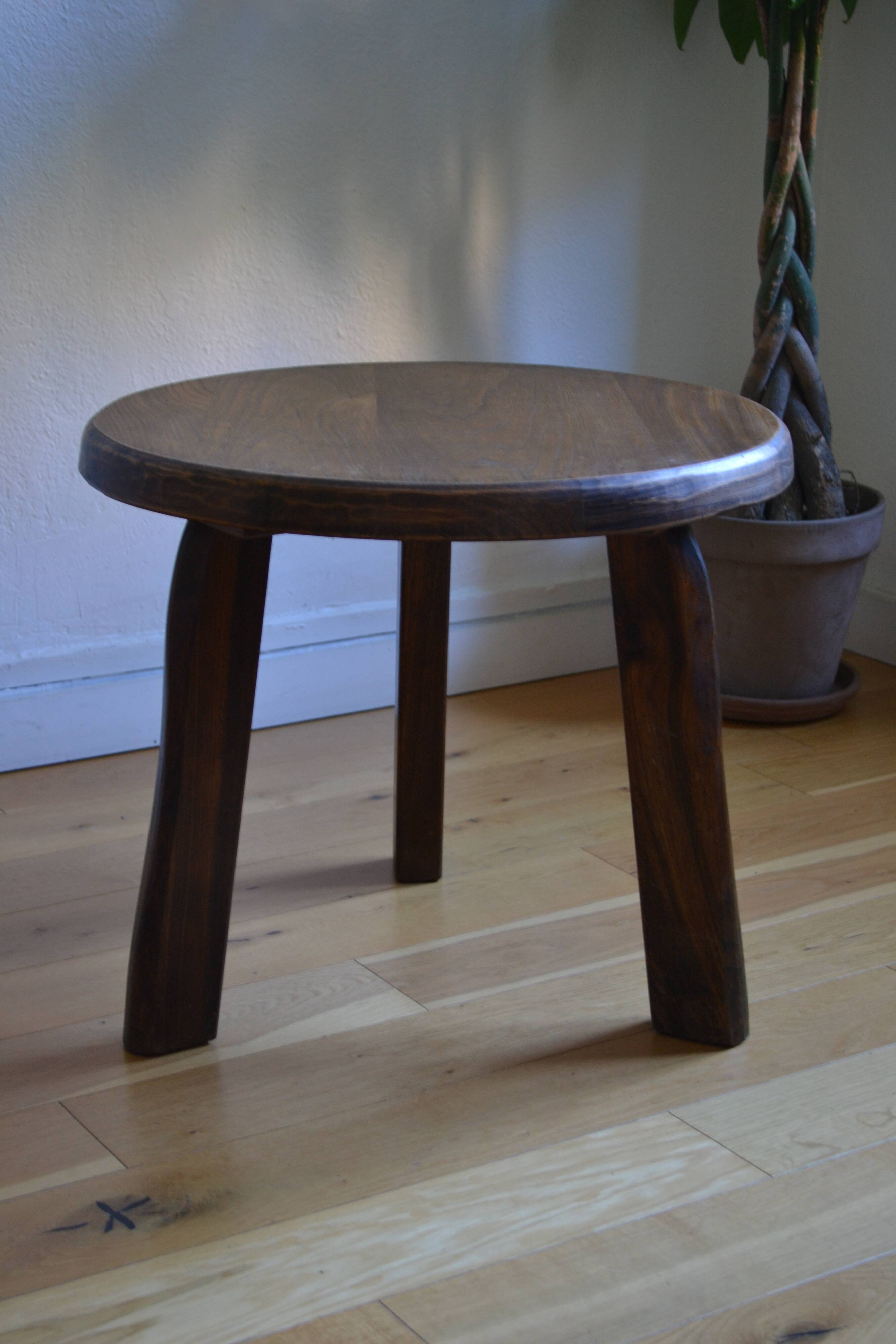 Brutalist tripod coffee table in solid oak, 1960s