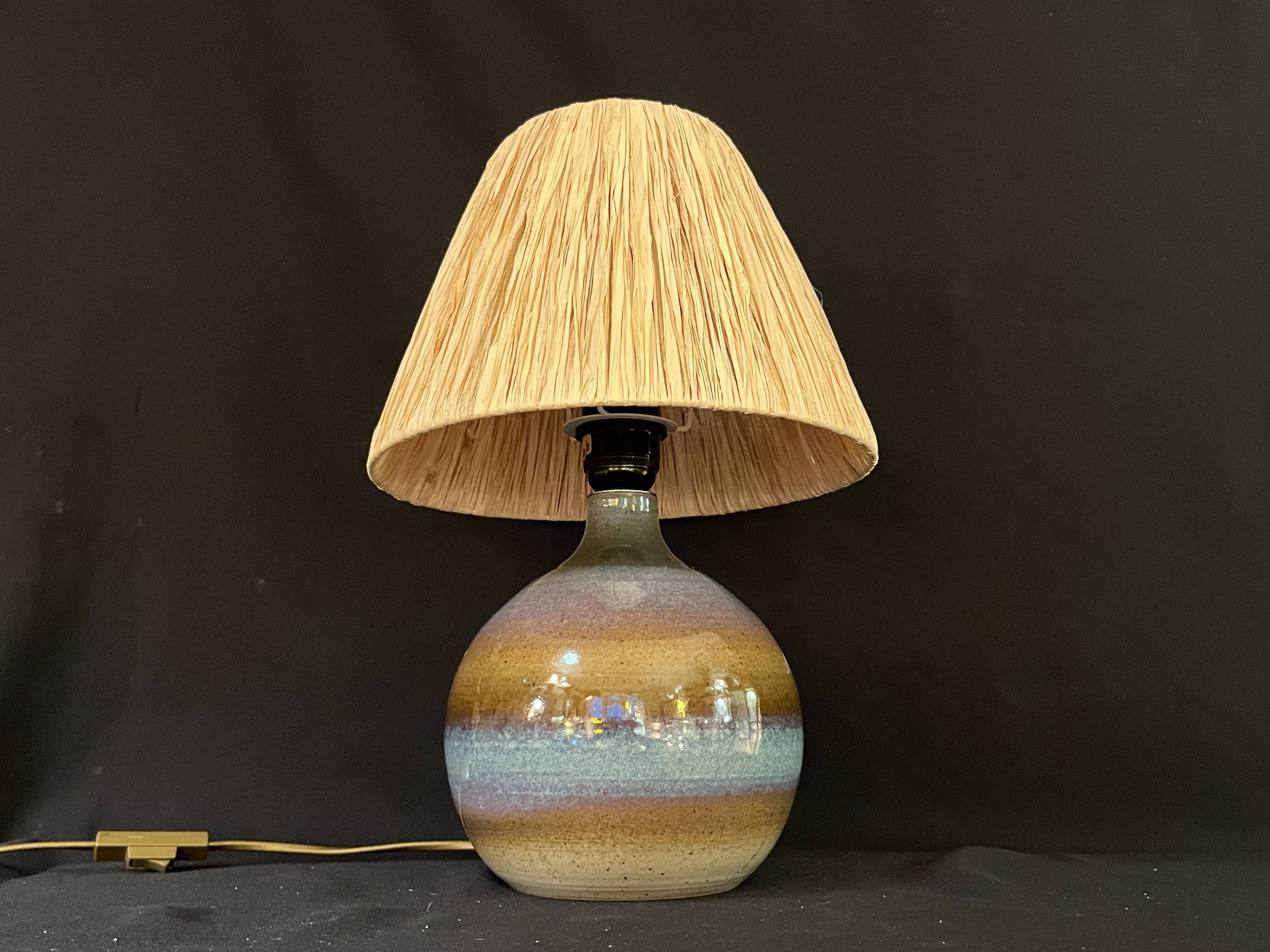 Vintage stoneware ceramic lamp signed JM, 1970s/80s, bohemian raffia rope lampshade