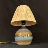 Vintage ceramic stoneware lamp signed JM 70s 80s bohemian raffia rope lampshade