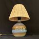 Vintage stoneware ceramic lamp signed JM, 1970s/80s, bohemian raffia rope lampshade