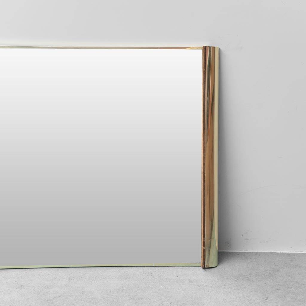 Large vintage mirror with brass and suede frame, 1970s – modernist design