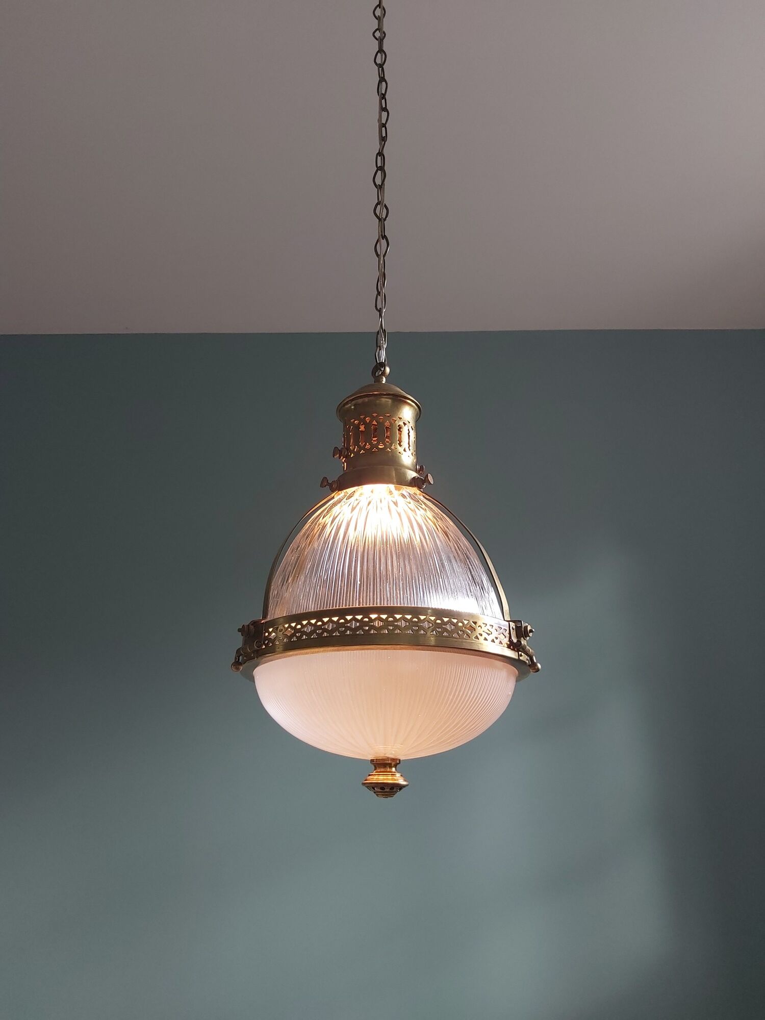 Holophane pendant lamp in prismatic glass and brass, 1920s-30s