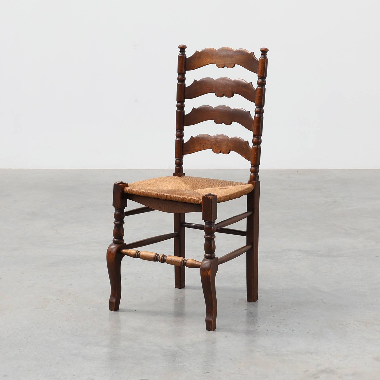 Rustic Oak Ladder-Back Chair with Rush Seat and Cabriole Front Legs, France