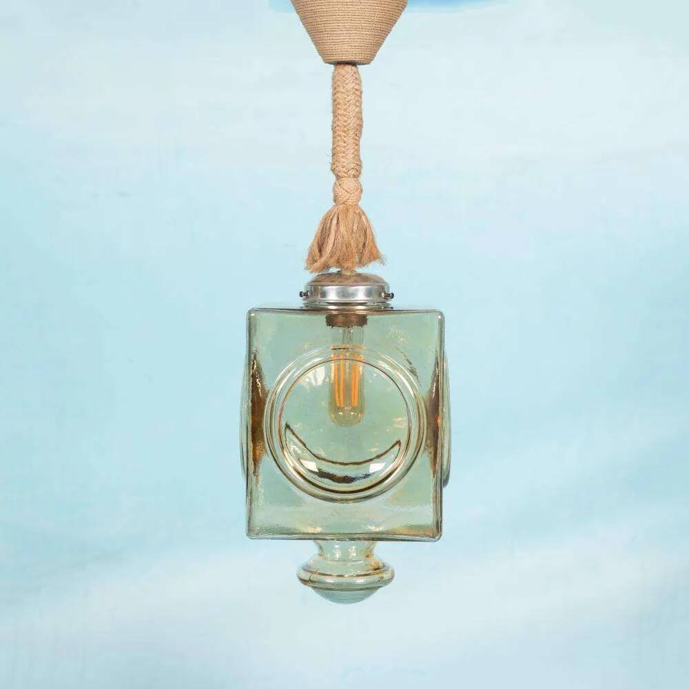 Japandi suspended glass lamp, vintage cubic bohemian glass lamp.
