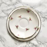 Teacup on its saucer and porcelain cake plate