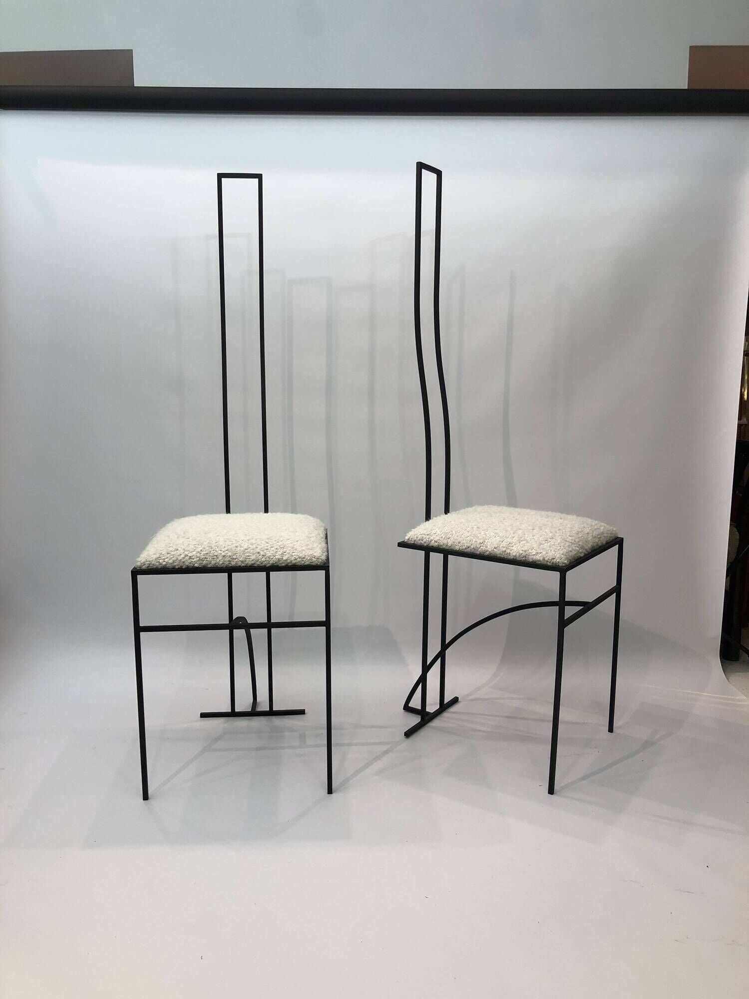 Pair of Postmodern High Back Black Metal Side Chairs in Boucle 1980s Vintage 70s