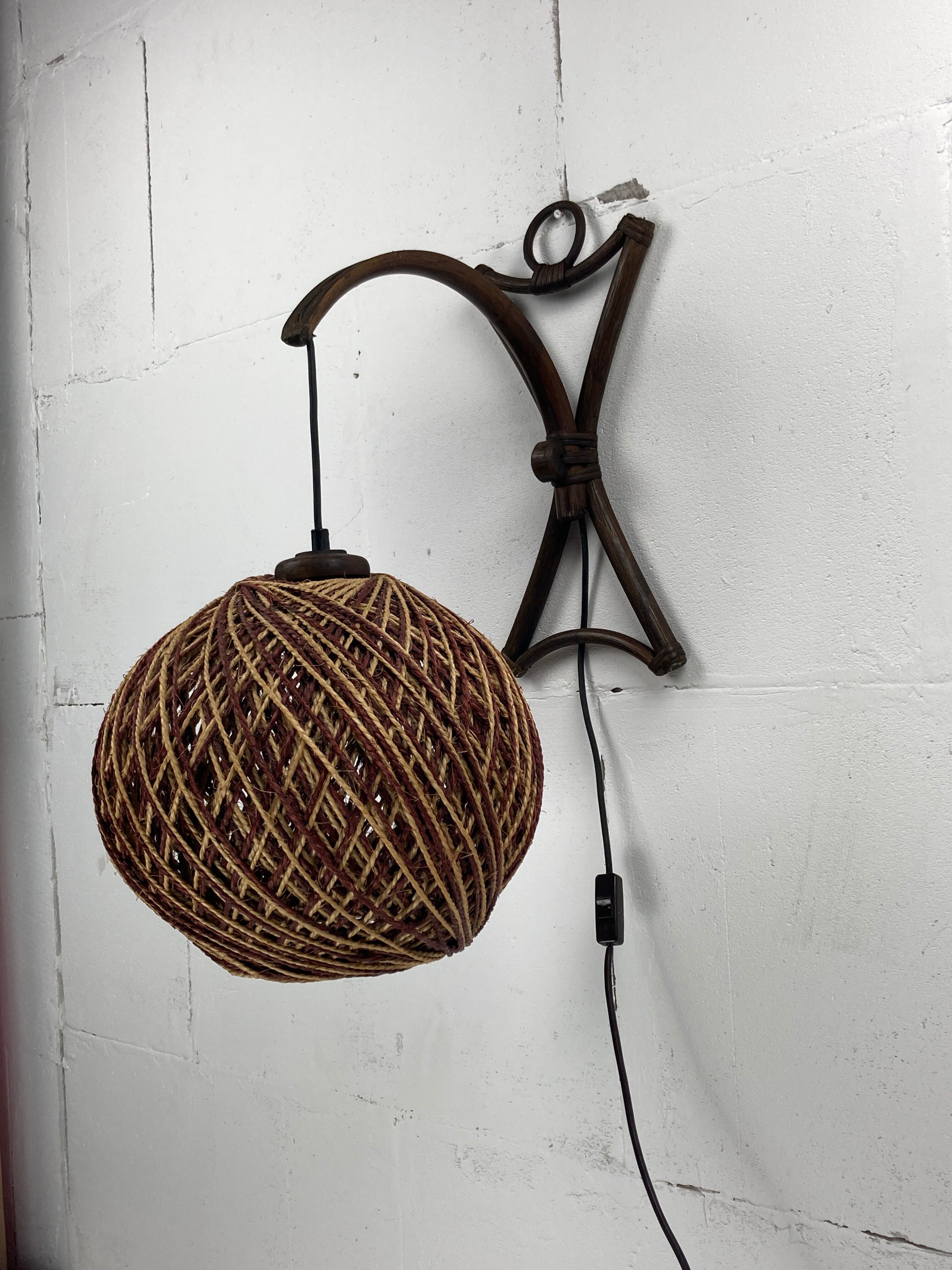 Rattan bamboo and rope sisal wall lamp, Dutch 1960s