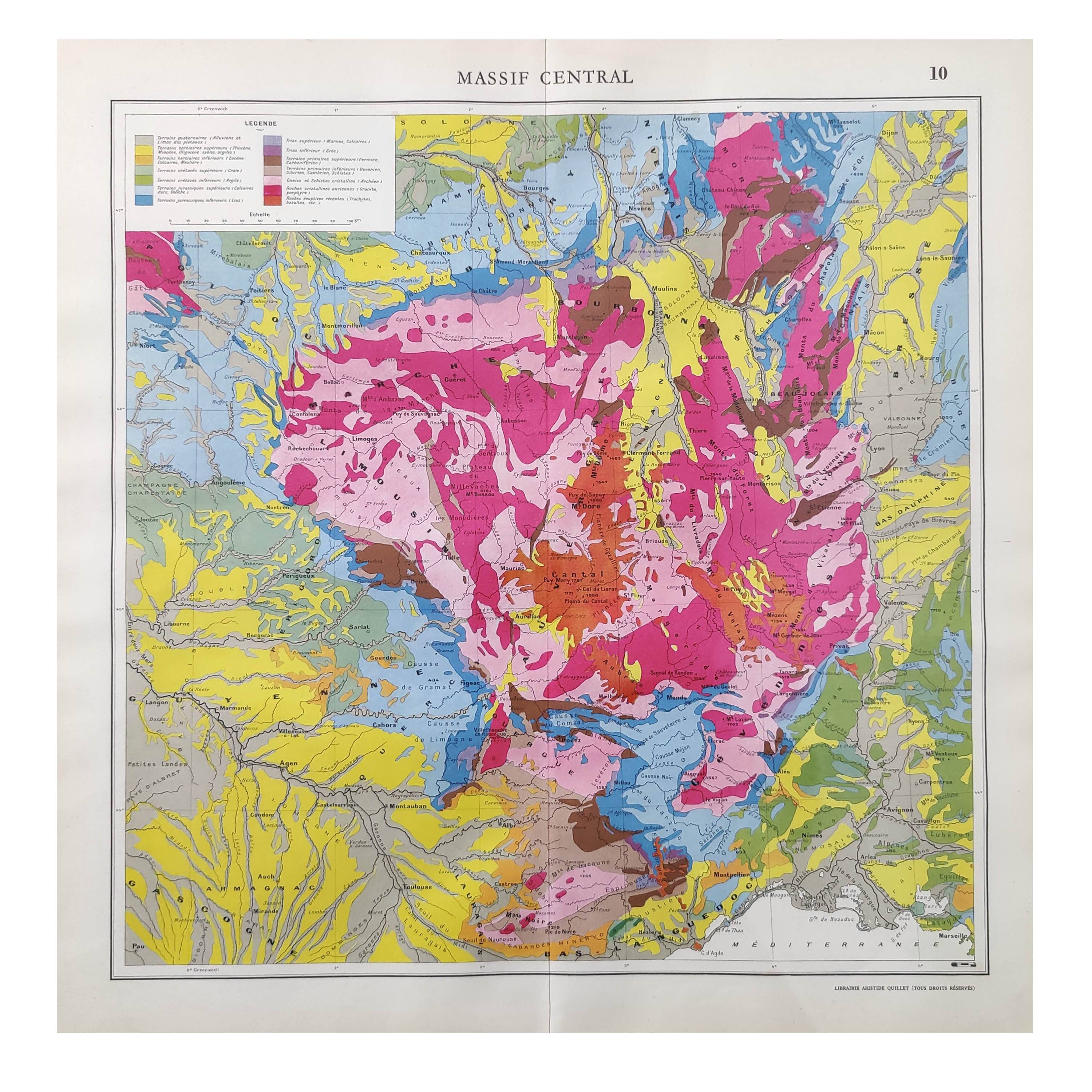 Old map of France the central massif in 1950 43x43cm