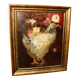 Oil on canvas with a decoration of a hen and flowers.