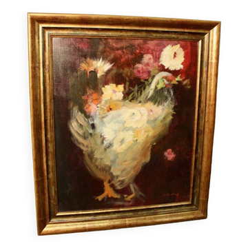 Huile sur toile à décor de poule et fleurs
