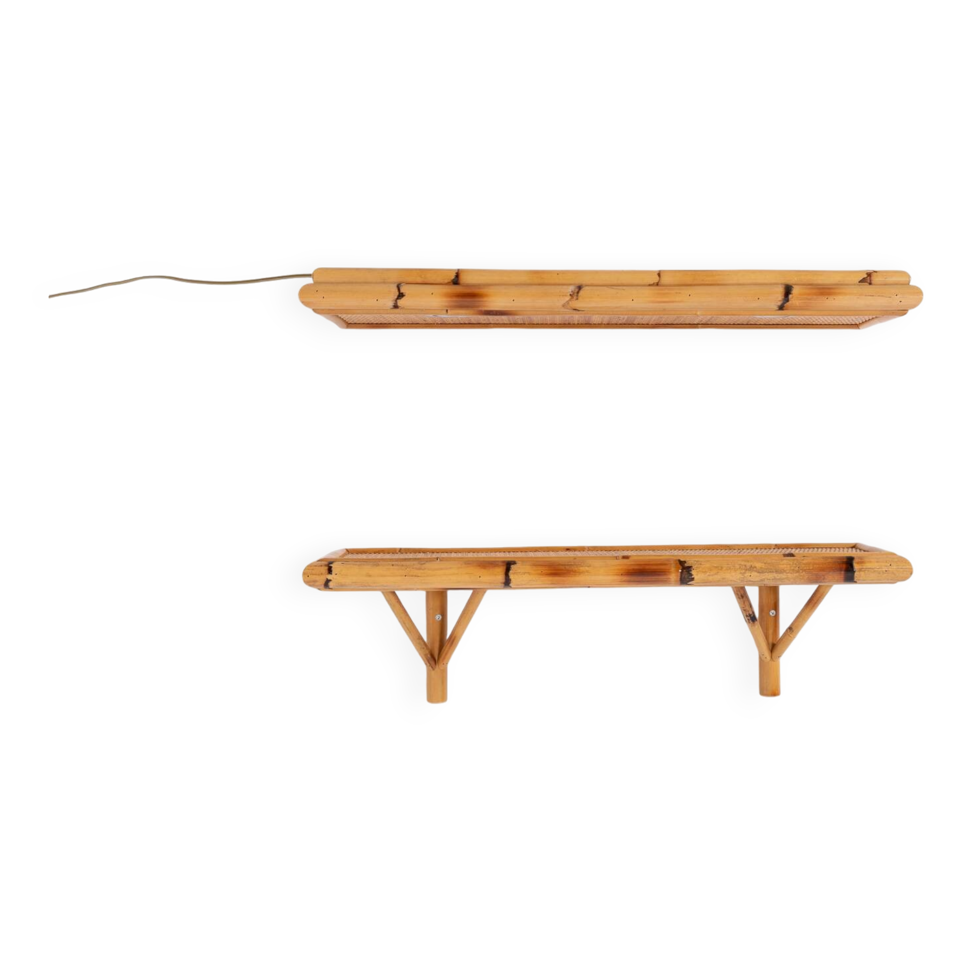 Pair of vintage bamboo-cane wall shelves