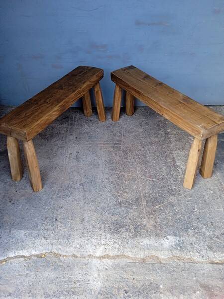 Pair of 2 patinated solid wood benches / stools