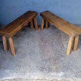 Pair of 2 patinated solid wood benches / stools