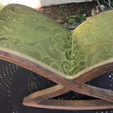 1950s footstool in carved wood and satin green patterned velvet