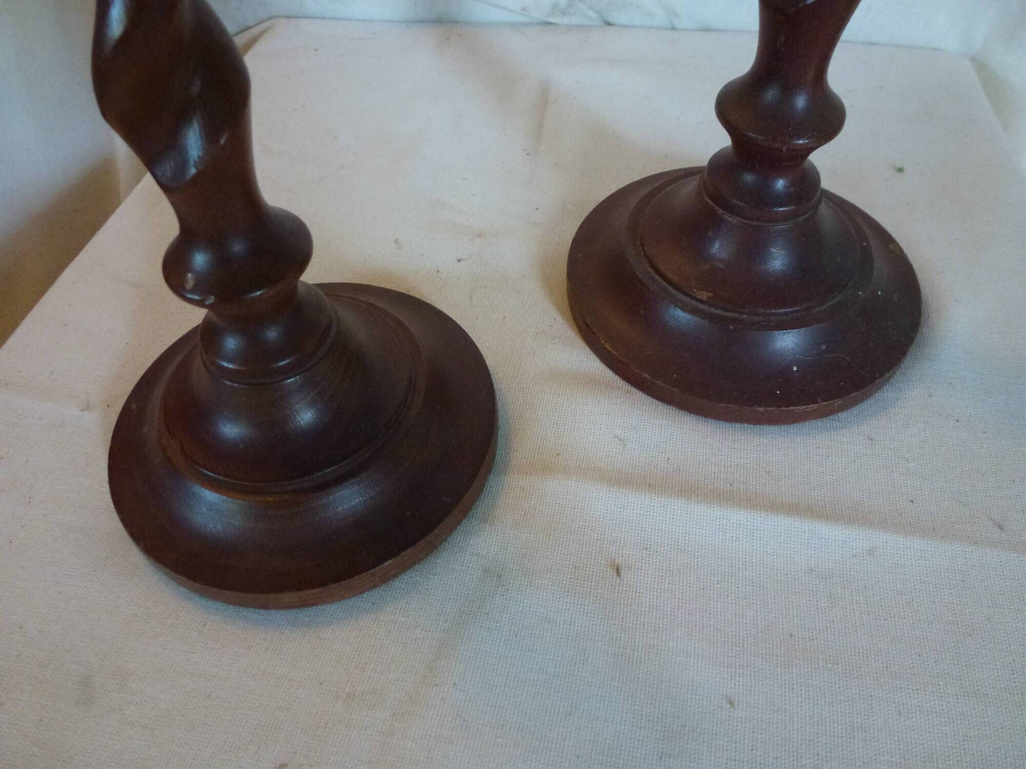 Pair of large vintage twisted wood candlesticks