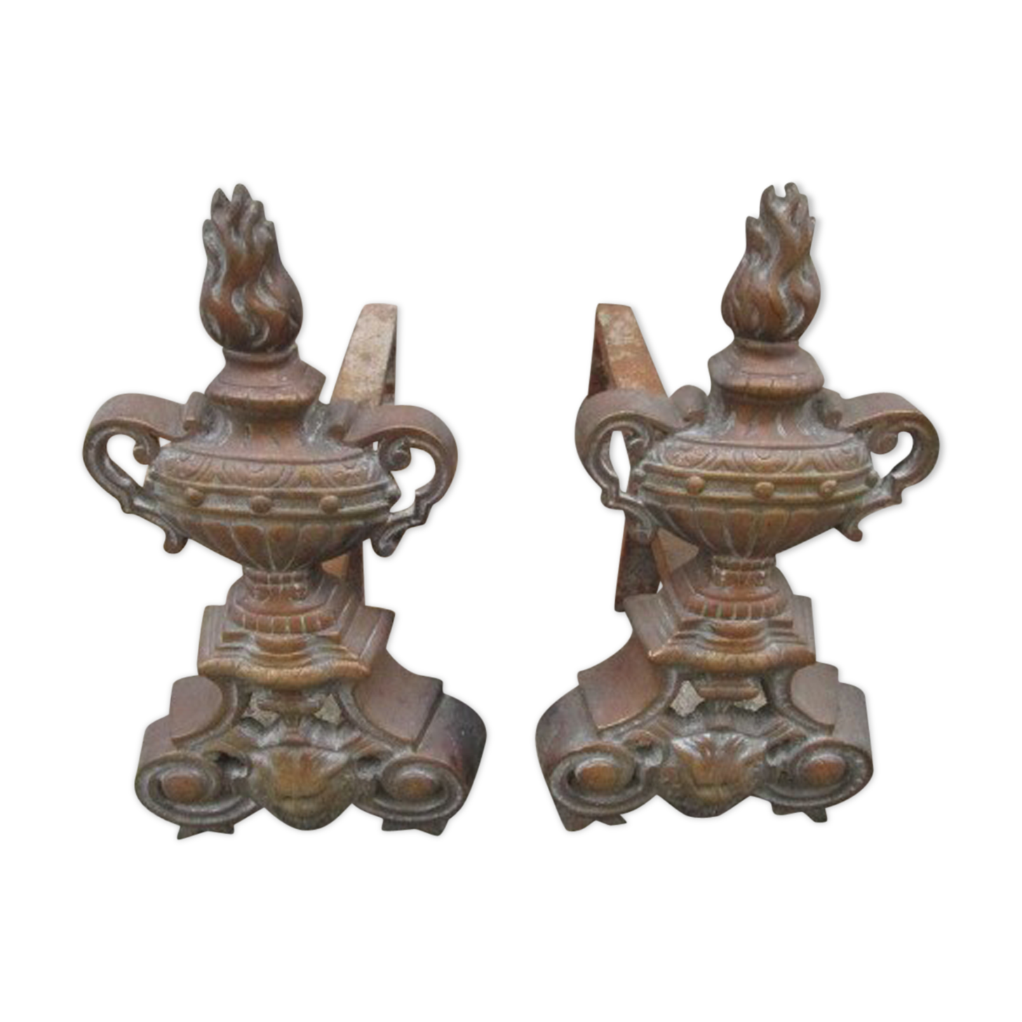 Paire de chenets anciens en acier et bronze