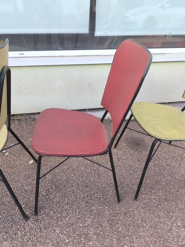 Lot de 3 chaises vintage skaï jaune rouge