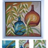 Tapisserie décor dame-jeanne feuillages années 70
