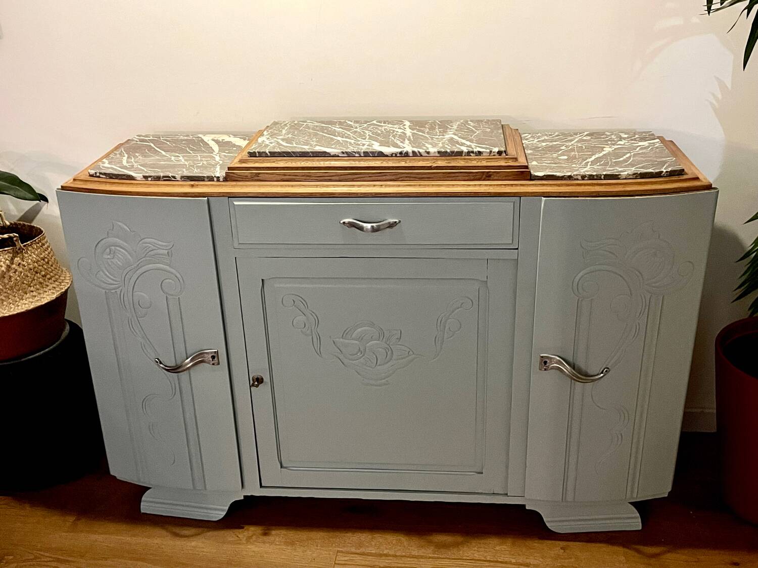 Revamped art deco sideboard in light sage green, marble top, chrome handles, vintage shabby chic